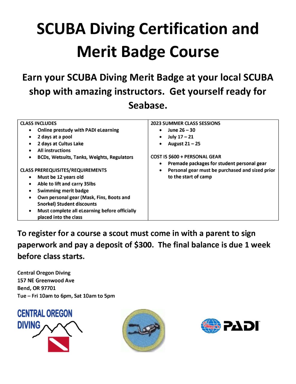 SCUBA MERIT BADGE CERTIFICATION – August 21 to 25